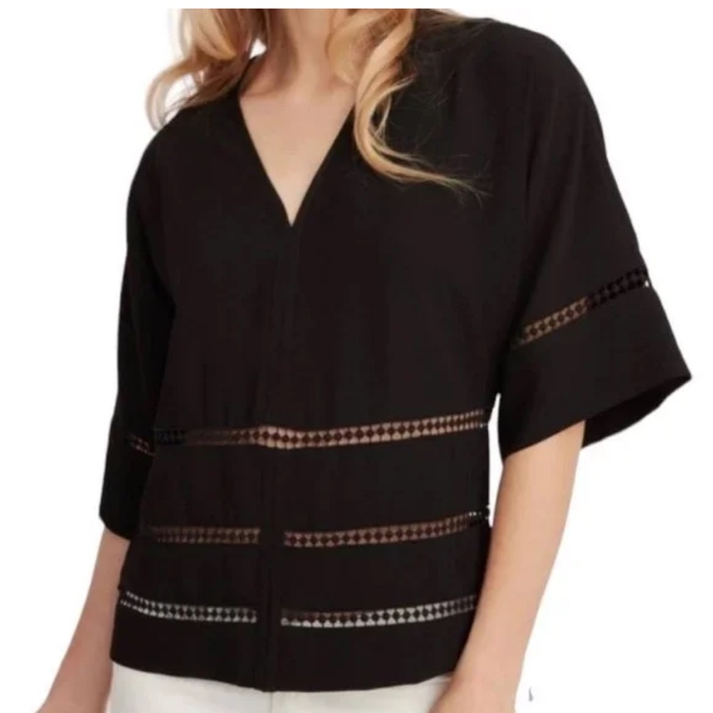 MAETTE Black‎ Eyelet V-Neck Black Blouse Sz Sm